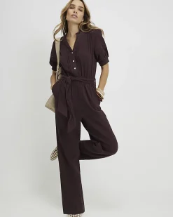 Brown Textured Wide Leg Jumpsuit