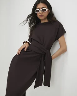 Brown Tie Side Midi Dress