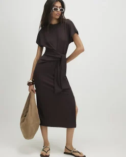 Brown Tie Side Midi Dress