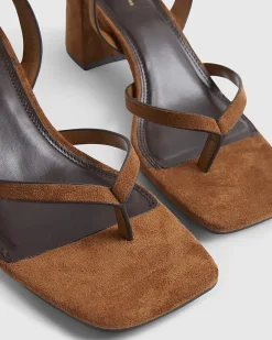 Brown Toe Thong Block Heel Sandals