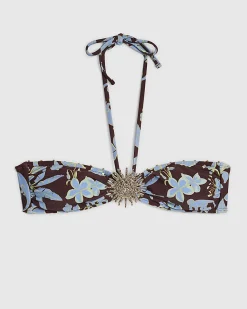 Brown Tropical Print Halter Bandeau Bikini