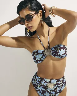 Brown Tropical Print Halter Bandeau Bikini