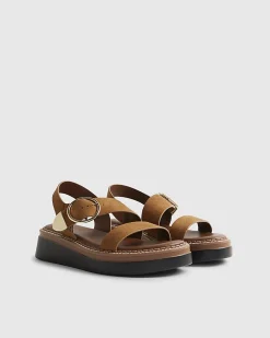 Brown Two Part Ring Buckle Flatform Sandals