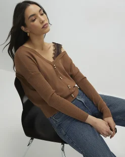 Brown V Neck Button Jumper