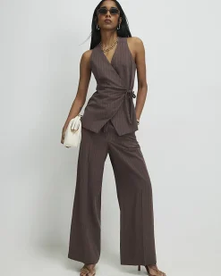 Brown Viscose Stripe Tailored Trousers