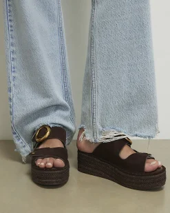Brown Wide Fit Buckle Strap Wedge Sandals