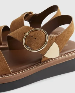 Brown Wide Fit Ring Buckle Flatform Sandals