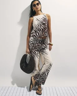 Cream Animal Print Linen Blend Tank Top