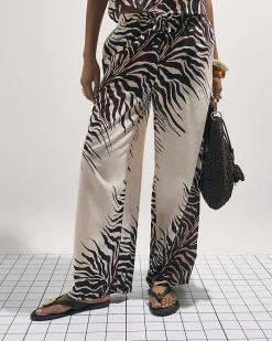 Cream Animal Print Linen Blend Trousers