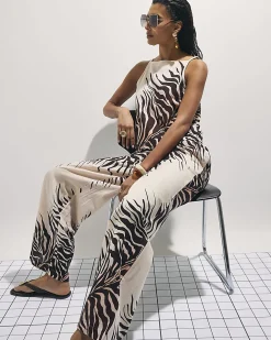 Cream Animal Print Linen Blend Trousers