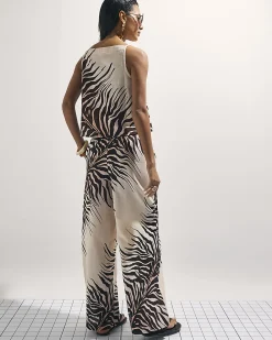 Cream Animal Print Linen Blend Trousers