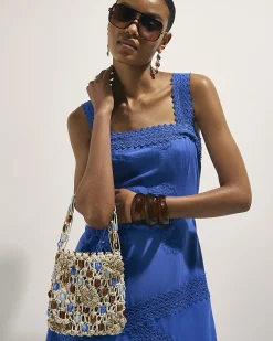 Cream Beaded 3D Flower Rope Bag