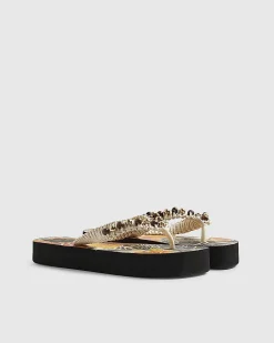 Cream Beaded Toe Thong Sandals