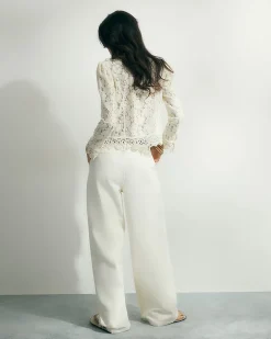 Cream Belted Pleated Wide Leg Jeans
