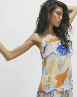Cream Blur Print Tiered Cami Top