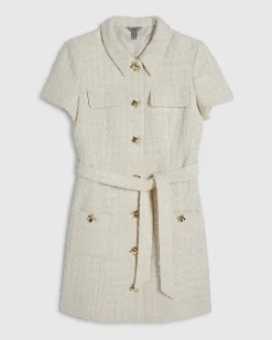 Cream Boucle Belted Mini Dress