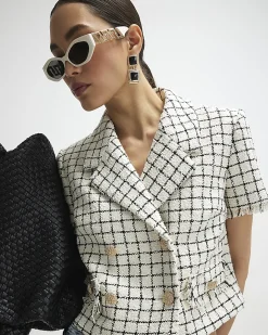 Cream Boucle Checked Short Sleeve Jacket
