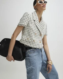 Cream Boucle Checked Short Sleeve Jacket