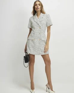 Cream Boucle Short Sleeve Check Mini Dress