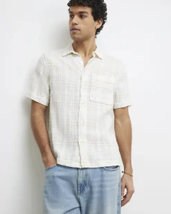 Cream Boxy Fit Textured Check Shirt