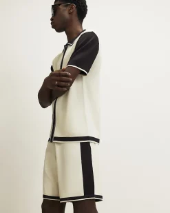 Cream Colour Block Knitted Shorts