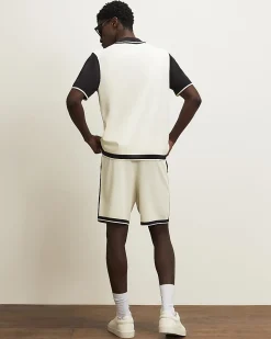 Cream Colour Block Knitted Shorts