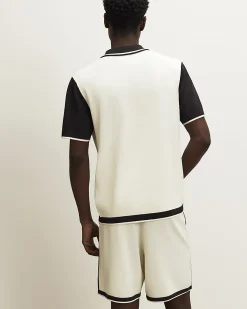 Cream Colour Block Short Sleeve Knit Shirt