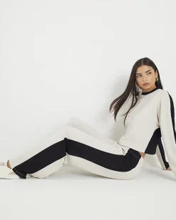 Cream Colour Block Wide Leg Trousers