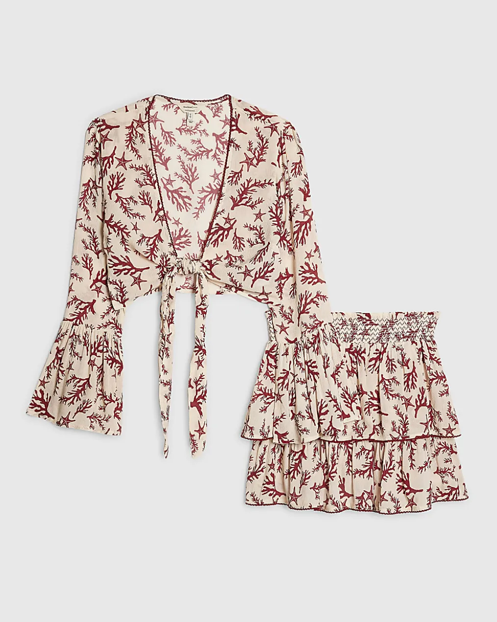Cream Coral Print Tie Top And Skirt Set