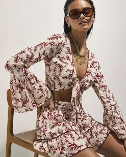 Cream Coral Print Tie Top And Skirt Set