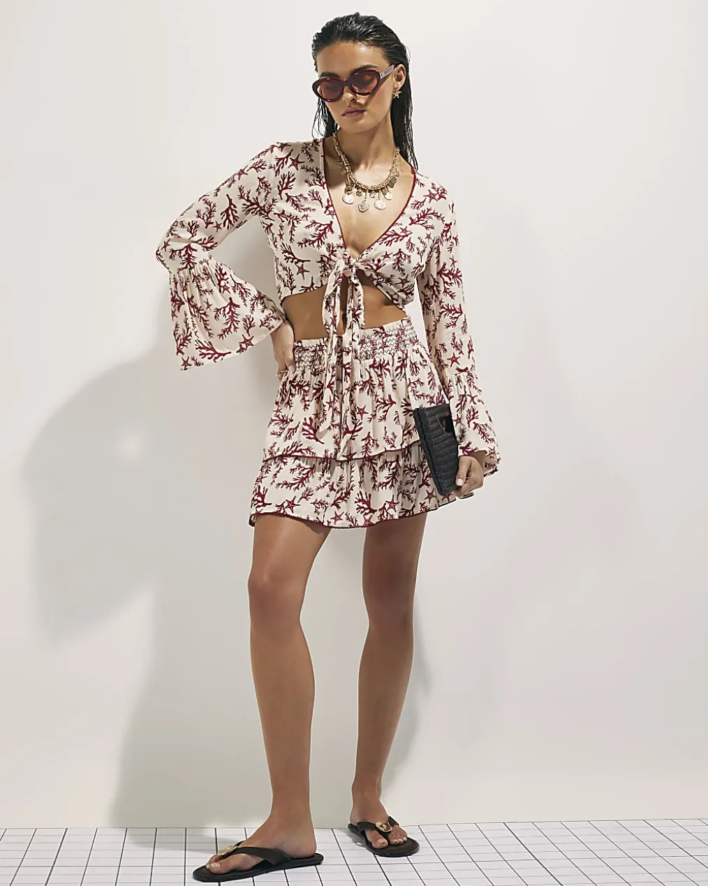 Cream Coral Print Tie Top And Skirt Set