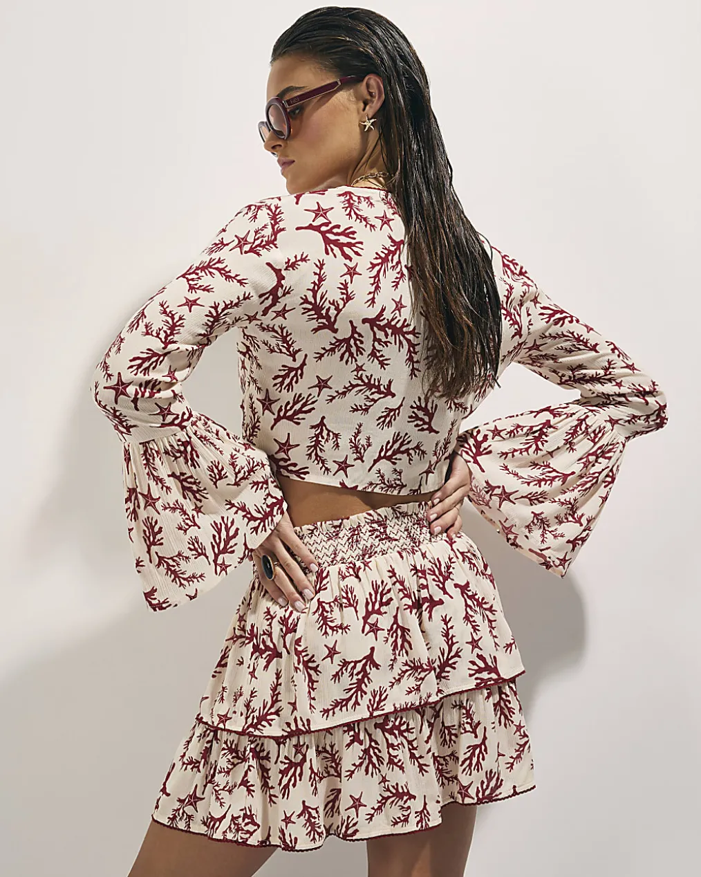 Cream Coral Print Tie Top And Skirt Set