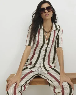 Cream Cotton Blend Crochet Stripe Shirt