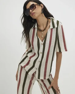Cream Cotton Blend Crochet Stripe Shirt