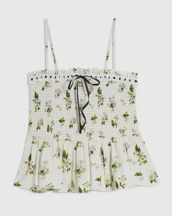 Cream Cotton Blend Daisy Shirred Cami Top