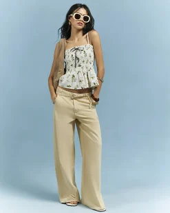 Cream Cotton Blend Daisy Shirred Cami Top
