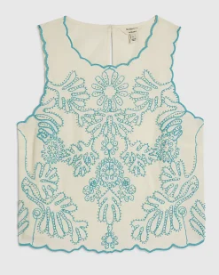 Cream Cotton Blend Embroidered Tank Top