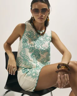 Cream Cotton Blend Embroidered Tank Top