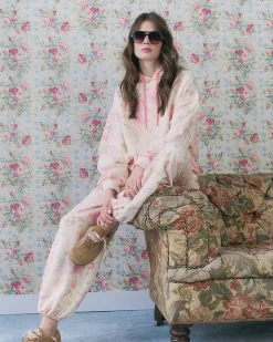 Cream Cotton blend Floral Hoodie