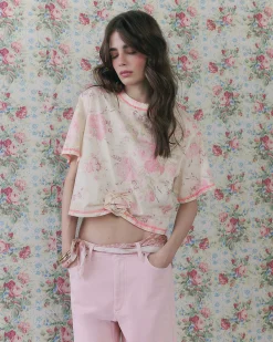 Cream Cotton Blend Floral Rose T-Shirt