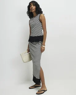 Cream Cotton blend Fringed Stripe Tank Top