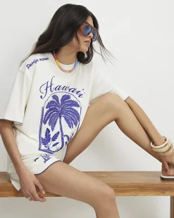 Cream Cotton Blend Hawaii Towelling T-Shirt