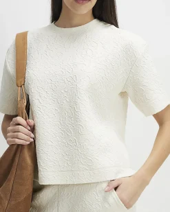 Cream Cotton blend Jacquard Texture T-Shirt