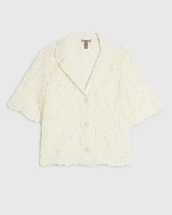 Cream Cotton Blend Lace Short Sleeve Shirt