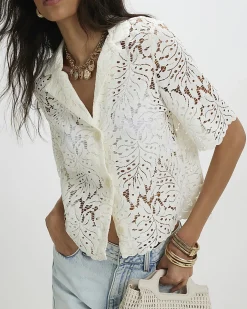 Cream Cotton Blend Lace Short Sleeve Shirt