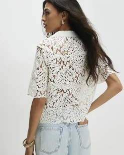 Cream Cotton Blend Lace Short Sleeve Shirt
