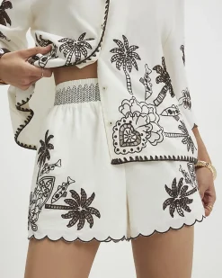 Cream Cotton blend Palm Print Cutwork Shorts