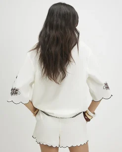 Cream Cotton Blend Palm Print Cutwork Shirt