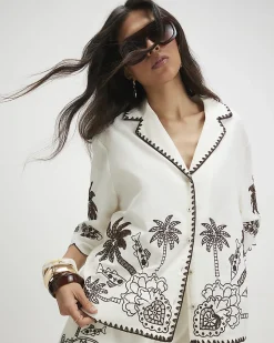 Cream Cotton Blend Palm Print Cutwork Shirt