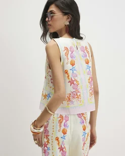 Cream Cotton Blend Sea Print Tank Top